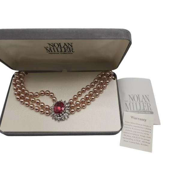Nolan Miller Glamour Collection Faux Pearl Necklace Pink Clear Rhinestone Accent - Picture 1 of 8
